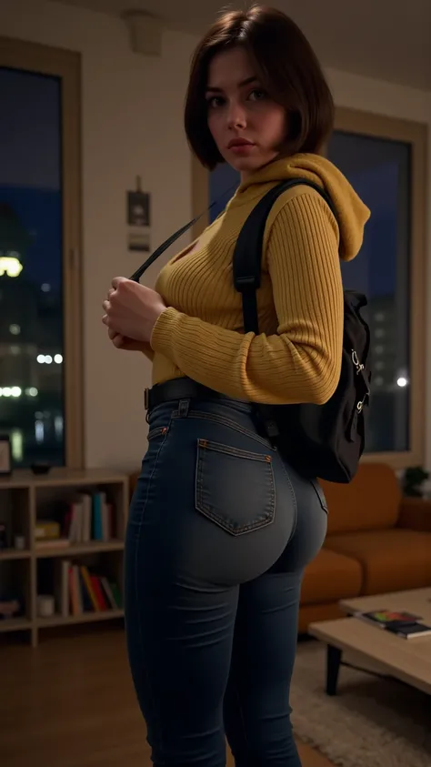 Sexy college woman, annoyed face, great ass, large ass, low cut sweater, dark blue jeans, wearing a school backpack, hands holding the backpack straps, background is a living room, nighttime 