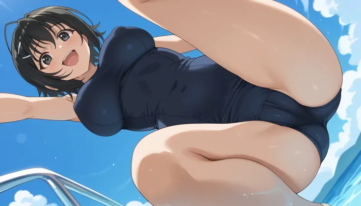 nao yorihime, detailed face, black hair, short hair, hair ornament, ahoge, black eyes, school swimsuit, small waist, curvy, nice body, busty, shade areola, reaching, camel toe, big laugh, squatting, lean forward, lewd, poolside, sunny day,  angle from belo...