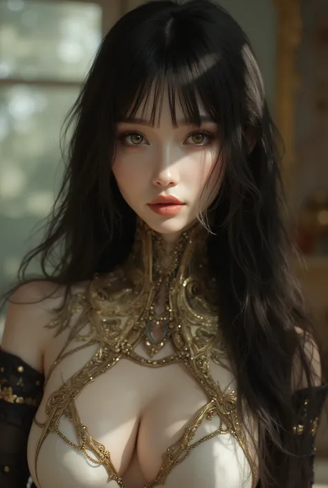 A picture of an AI in the shape of a human with natural skin, length, Flowing, And lush hair, Sharp Eye, Thin, upturned nose, Well-formed lips,  and have a body like a clock hourglass ,  typical clothing and makeup , Intricate and extremely detailed,  live...