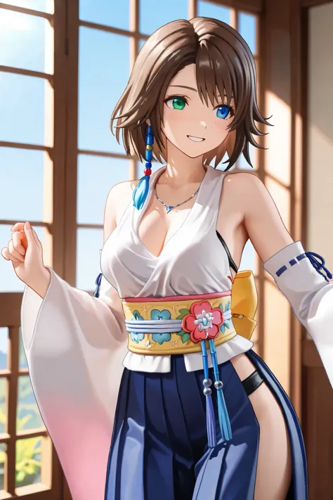 NSFW, Masterpiece, top quality, Hi-Res, very detailed that ,Yuna\(Final Fantasy X\), blue eyes、 brown hair at the gym、 green eyes、 hair ornament、 rainbow heterochromia、 short hair、 shoulder out、Sleeveless、Hakama、Hakama skirt by humili、 kimono、紫のHakama、 ski...