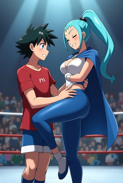 Male pokemon trainer Ash in a wrestling ring with female gym leader Clair who has blue hair ponytail, satin blue pants, shiny cape. Clair is taller than Ash. Clair is squeezing and dominating Ash' crotch with her knee and smiling.