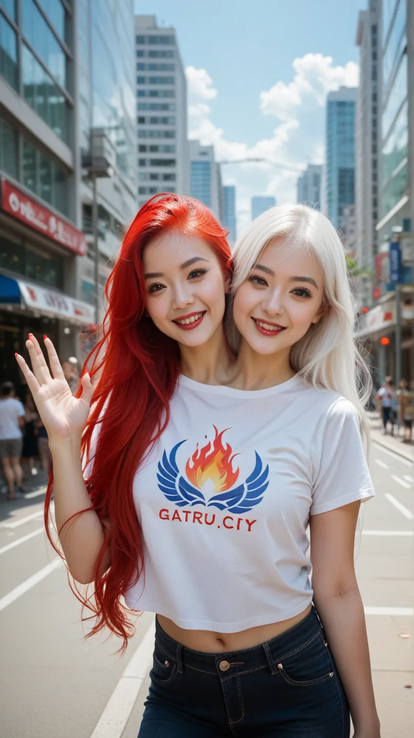 front top view , Filipina-Japanese, two heads sharing a body, they have very long hair one has white hair the other one has fiery red hair, wearing jeans and t-shirt, realistic, looking at the viewer, bustling city background, left hand at the waist and th...