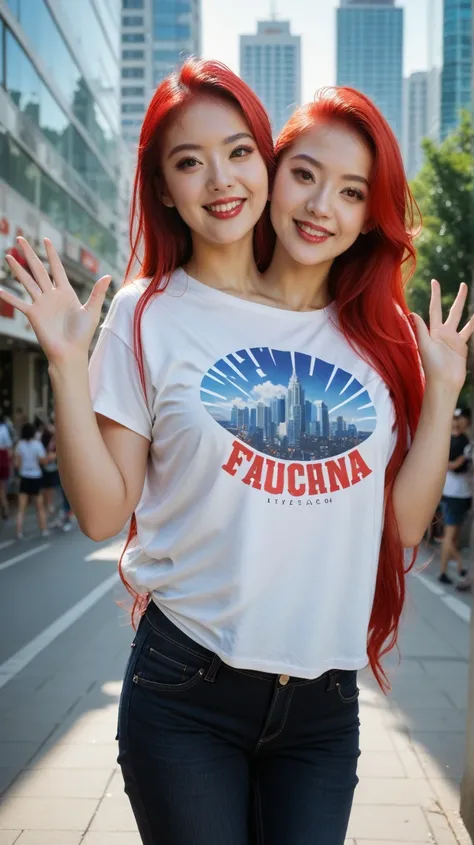 front top view , Filipina-Japanese, two heads sharing a body, they have very long hair one has white hair the other one has fiery red hair, wearing jeans and t-shirt, realistic, looking at the viewer, bustling city background, left hand at the waist and th...