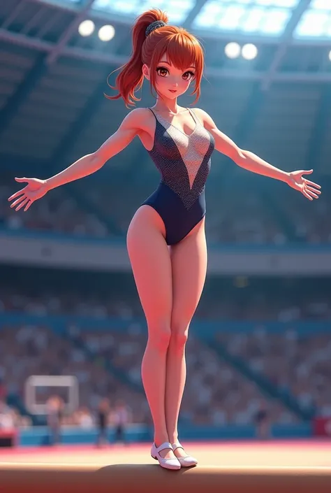 "4K anime style quality, digital drawing mode, a flexible female gymnast with shoulder-length auburn hair tied back, bright hazel eyes, wearing a glittering leotard embellished with intricate patterns, paired with minimalist footwear for balance, performin...