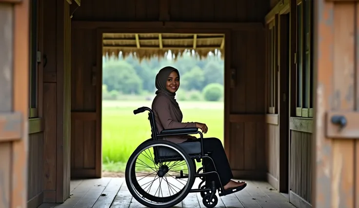 A very beautiful 35-year-old village woman in a hijab, sitting in a wheelchair inside a traditional wooden house. She looks directly at the camera with a warm and captivating expression. The house is made of wooden cubicles, set against the background of l...