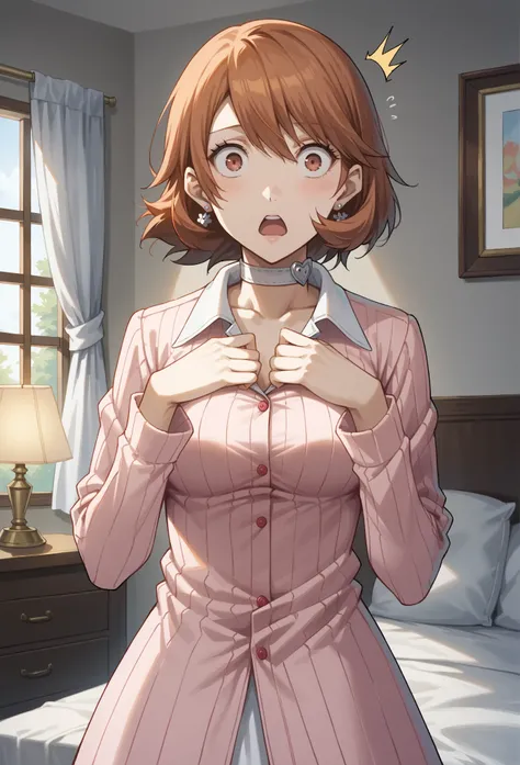 score_9, score_8_up, source_anime
(masterwork, masterpiece, best quality, hyper-detailed :1.2),
1 girl, solo, cute face,
p3yukari, yukari takeba, short hair, light brown hair, earrings, choker,
bedroom, pink and white pajamas, shocked expression, flabberga...