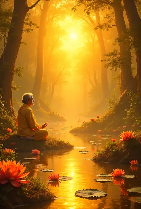 Satya Yuga (Golden Age) – A luminous golden era, where sages meditate in lush green forests, rivers flow with divine glow, and celestial beings bless the earth. People radiate wisdom, peace, and divine energy. Temples made of pure gold and vibrant lotus fl...