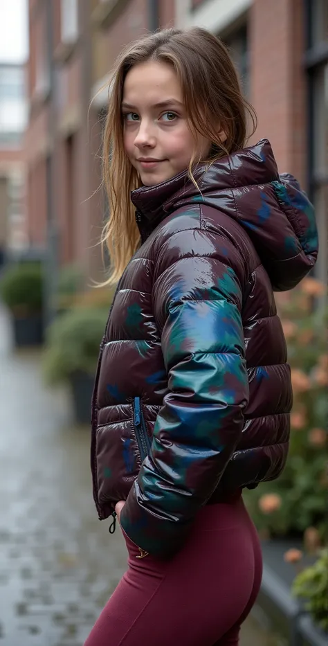 Backside diagonally photo from side behind of a sweaty hot wet cute beautiful darkblonde furtuned dutch spanish italia young posing age femboy wearing maroon chrome northface shiny pvc puffy cropped short puffer jacket, very short shiny burgundy chrome Big...