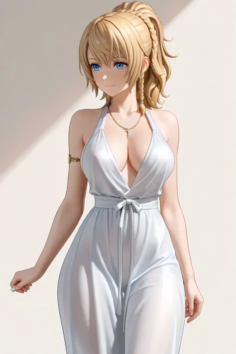 NSFW, Masterpiece, top quality, Hi-Res, very detailed that ,Lunafreya\( FINAL FANTASY XV\), Gold、 blue eyes、 braids、 ponytail, necklace、 white dress、 sleeveless dress、 long dress, Chalk Castle 