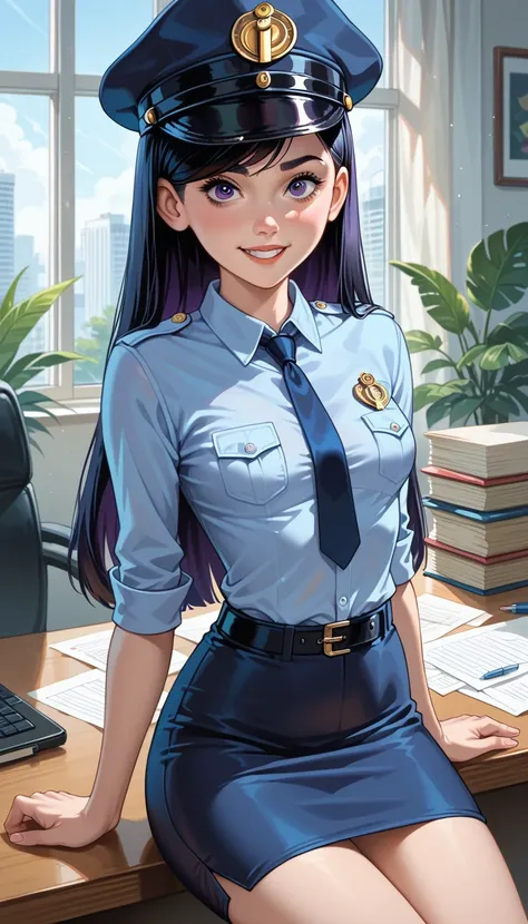 (Violet Parr), the Incredibles, smile, police uniform, light blue short-sleeved shirt, ultra-short pencil skirt, navy blue skirt, tie, police hat, black hair, purple eyes, slim girl, skinny girl, small breast, front, cowboy shot, showing her white panties,...