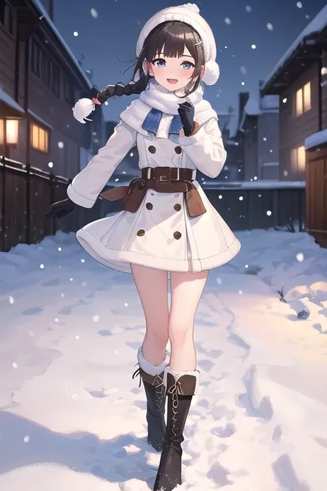 ((top quality)), ((masterpiece)), (Details),  1 girl。blunt bangs。Short Hair。satisfaction。 Braided Ponytail 。ahoge。Cute hair clip。 look so young。 small breasts。(moving composition)。 Snow Scenery 。 it's snowing。 comments。Boots。 gloves。 muffler。Earmuffs。walk。...