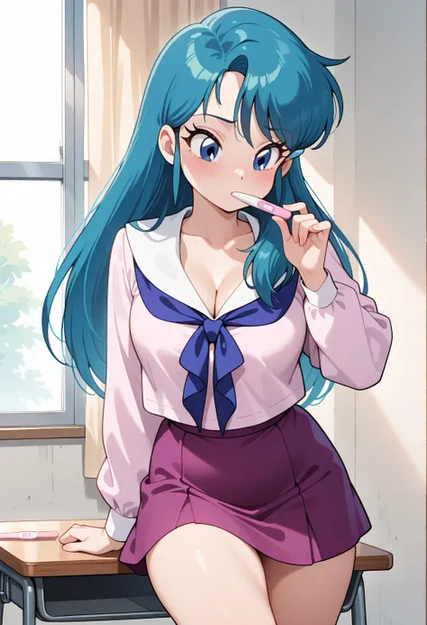 masterpiece, best quality, very aesthetic, absurdres, 1girl, solo,nsfw,pickup pregnancy test,
kuki_rei, rei_normal, blue hair, long hair, blue eyes, breasts,
hair ornament, school uniform, sailor collar, blue neckerchief, cleavage, long sleeves, purple ski...