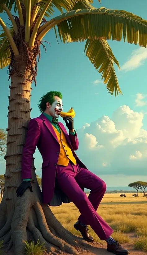 The Joker eating a banana from a bunch in a banana palm tree in an African savanna,  ultra real and professional images