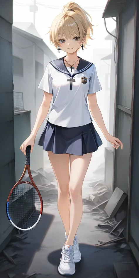 gradually female, senior high school girl, Blonde hair, high ponytail short hair, earrings, black cross pendant necklace, white shirt uniform, dark blue platted mini tennis skirt school uniform, white sneakers, full body, milf, parted lips, smile, slum, so...