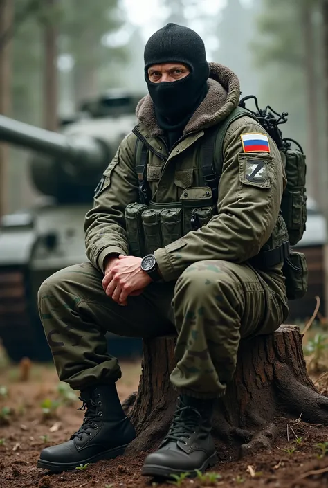 Create a highly realistic and detailed depiction of a Russian soldier in a forest setting. The soldier is a strong, muscular man wearing a balaclava that covers his face, revealing only his intense and determined eyes. He is sitting on a cut-down tree stum...