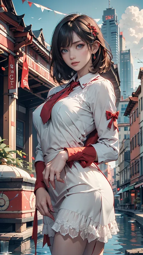  1 girl,前hair,black_hair,green_null, bridge ,building,city,city,cityscape,cloud,day, dress, accurately _in_viewer, outdoor,red_neckwear,red_ribbon,ribbon,river,short_hair,short_ sleeve,null,nullscraper,Alone, standing,town,winer,( Masterpiece,Anime,newest,...