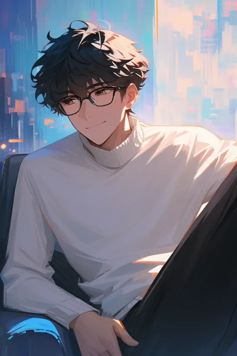 impasto, cool manga style, high quality, extremely detailed, extremely delicate line, amazing color, masterpiece, 1 man, tall, mascular, handsome, black hair, loose perm haircut, brown sharp eyes, black-flamed glasses, gentle, caring, handsome, neat atmosp...