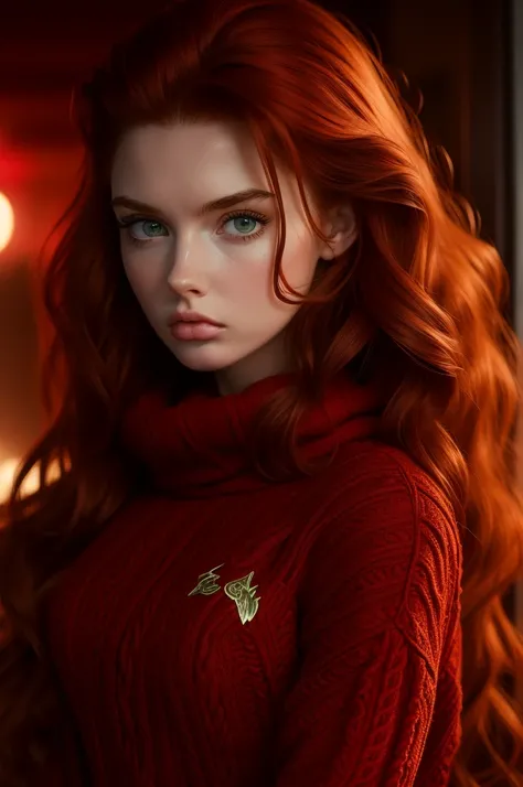 Karen Gillan, green eyes, long red wavy messy hair, red long knit sweatshirt, red sweatpants, (((masterpiece, ultra-detailed face, 16yo, pout)))