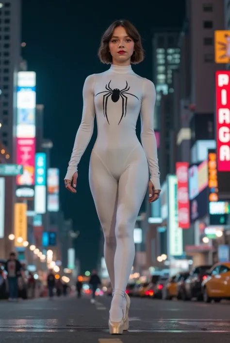 Emma Myers,  Female Spider-Man Gwen，White suit，Black spider symbol，Ballet shoes，Golden ratio body, flexible body，Calm expression，New York city at night，Handsome gesture，Heroism，majestic-looking。