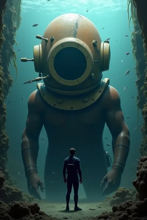 Create a realistic image of a diver facing a giant rusty helmet underwater