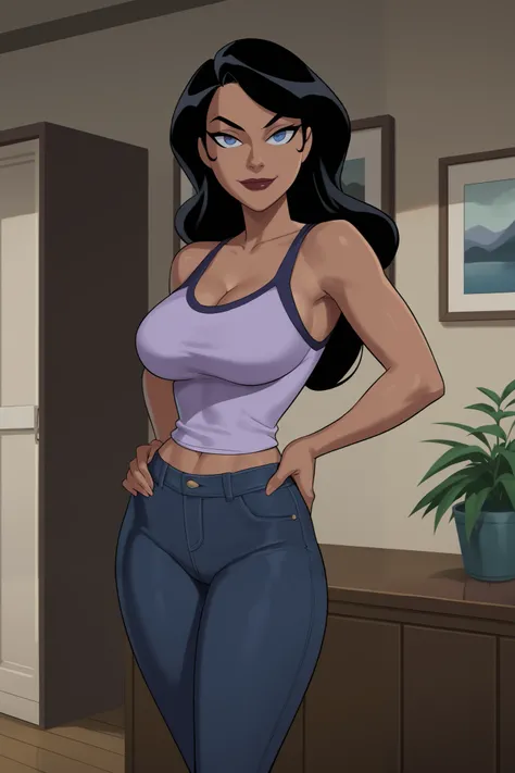 PonyXLV6_Scores BREAK ((parody) perfect anatomy, perfect eyes, cowboy shot), BREAK zatanna zatara, long hair, black hair, dark-skinned female, blue eyes, lipstick, flirting, raised eyebrow, ((looking at viewer)), long hair, dark purple tank top, dark purpl...