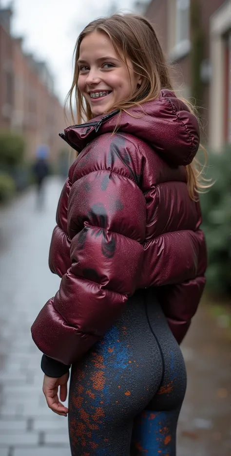 Backside diagonally photo from side behind of a sweaty hot wet cute beautiful darkblonde furtuned dutch spanish italia young posing age femboy wearing maroon-chromatic iridescent northface shiny pvc puffy cropped short puffer jacket, very short shiny burgu...