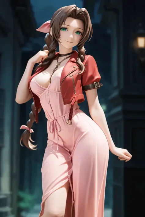 NSFW, Masterpiece, top quality, Hi-Res, very detailed that ,Aerith\( Final Fantasy VII\), Braided Ponytail 、 hair bow、 pink ribbon 、 choker、 necklace、 cropped jacket、 Red Jacket 、Short sleeve、 pink dress、 long dress, downtown at night