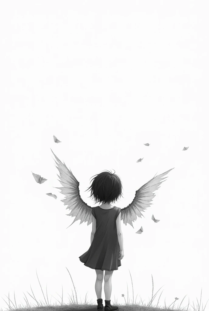 Back view of a girl with broken wings
black and white
Simple and cute picture like a storybook
