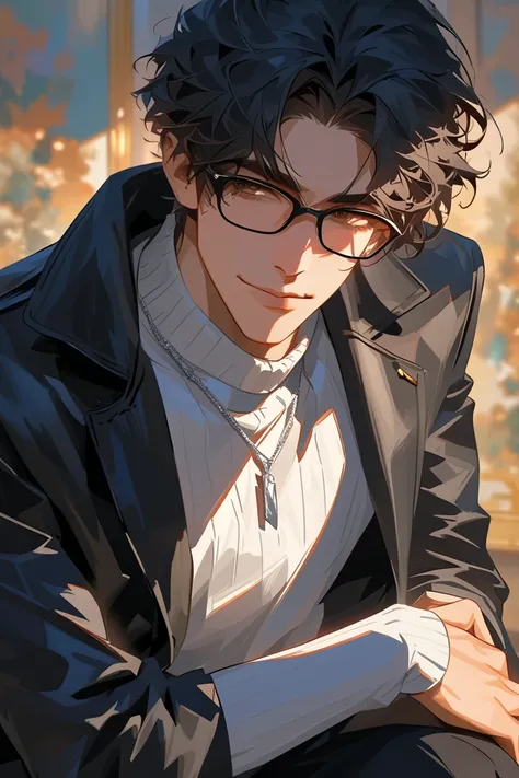 impasto, cool manga style, high quality, extremely detailed, extremely delicate line, amazing color, masterpiece, 1 man, tall, mascular, handsome, black hair, loose perm haircut, brown sharp eyes, black-flamed glasses, gentle, caring, handsome, neat atmosp...