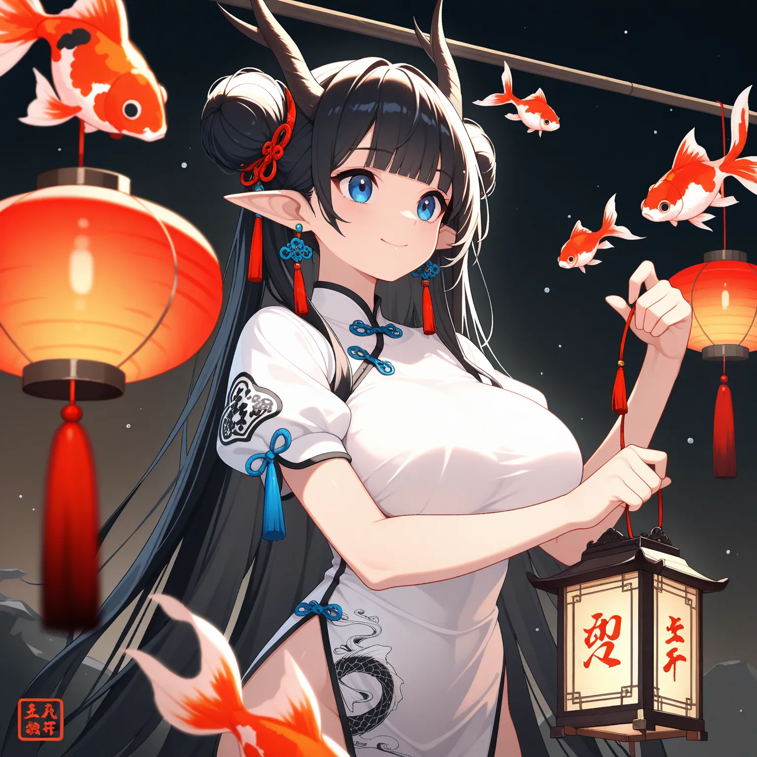   1girl  , Alone,  long hair ,  blue eyes , naked , naked,  Black Hair, blue eyes kehijauan, happy ,  mouth closed , big breasts,hair bun,  double bun , horn ,blunt bangs,  viewing object  , looking at  lantern , holding  lantern ,bow down,  shirt , year ,...