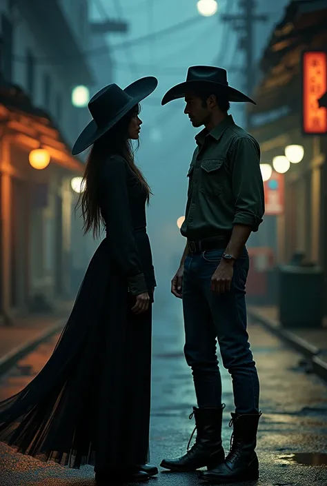 Make the image of Exu lock streets, with a black hat and a black dress, Next to a man from the countryside, with a cattle hat , Inner shirt, jeans and boots, The two of them on a street at night