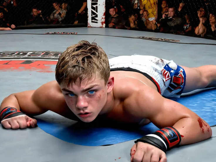 realistic twink ,  sixteen-year-old boy, Wrestler,   perfect face,  short hair ,  blue eyes, American,  athletic muscular body, tight big biceps,  ((knocked out)) on the floor, Knockout in MMA, After a hard bloody MMA Fight, he lies destroyed on the floor,...