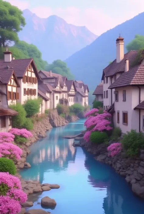 Small village by the river, mountains in the background, colorful pink flowers, detailed landscape, beautiful scenery, atmospheric lighting, scorching sunset, warm colors, practical, photography, detailed foliage, intricate buildings, cobblestone street, c...