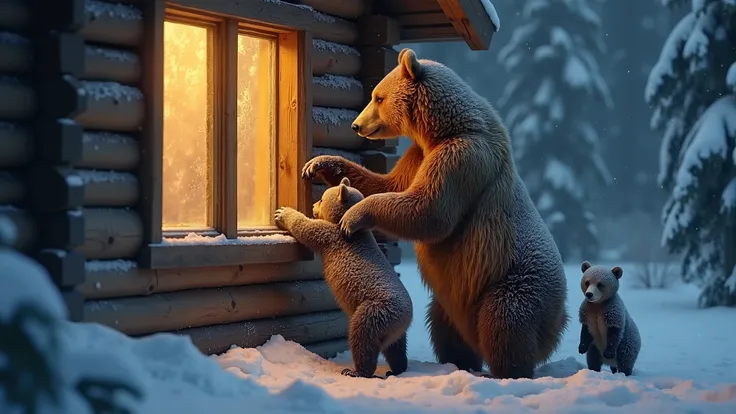 HIPER REALISTIC IMAGE OF ""A large brown bear stands on its hind legs in a snowy forest at night, pressing its paws against the frosted window of a warm wooden cabin. Inside, a golden glow shines through the glass, illuminating the bear’s face with curiosi...