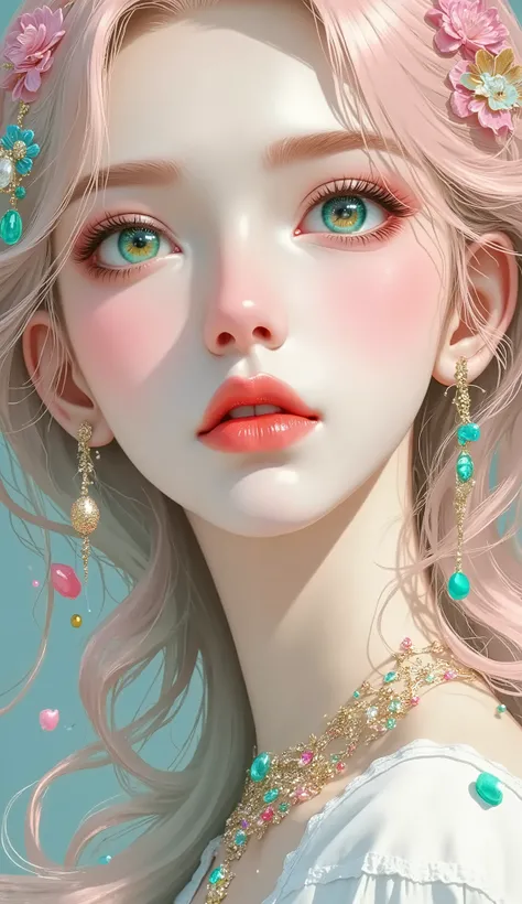 Expressionist Paintings 。 Single Floating Pottery Head 。, face, Korean woman , colorful, color splash, neon color, weird and gallery-appropriate、 eyes are emerald green 、