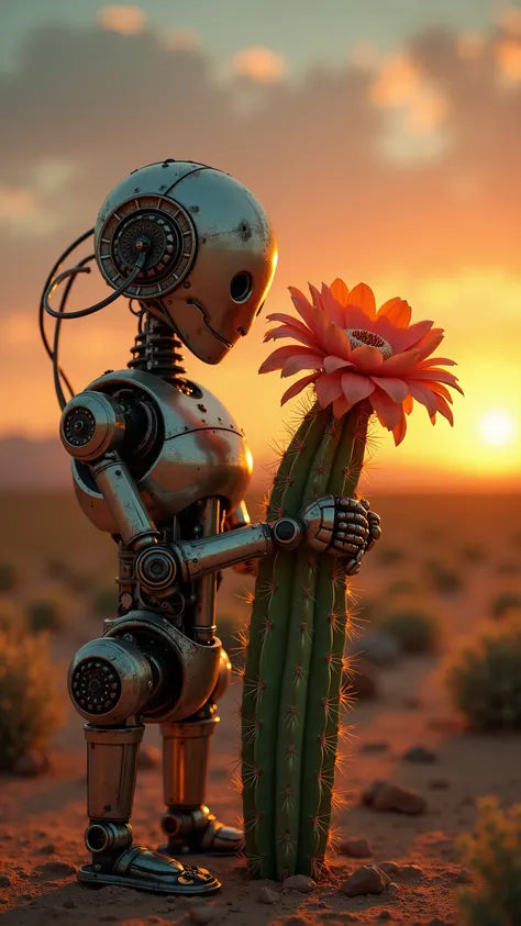 A rusty robot gently embracing a flowering cactus in a desert made of gears and wires, oil rain falling, a pixelated rainbow sunset in the background, warm and futuristic atmosphere, 4K, hyper-detailed, breathtaking surreal masterpiece. dramatic lighting, ...