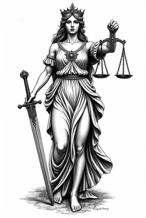 Create tattoo image goddess of justice with scales and sword written the phrase audent fortuna iuvat