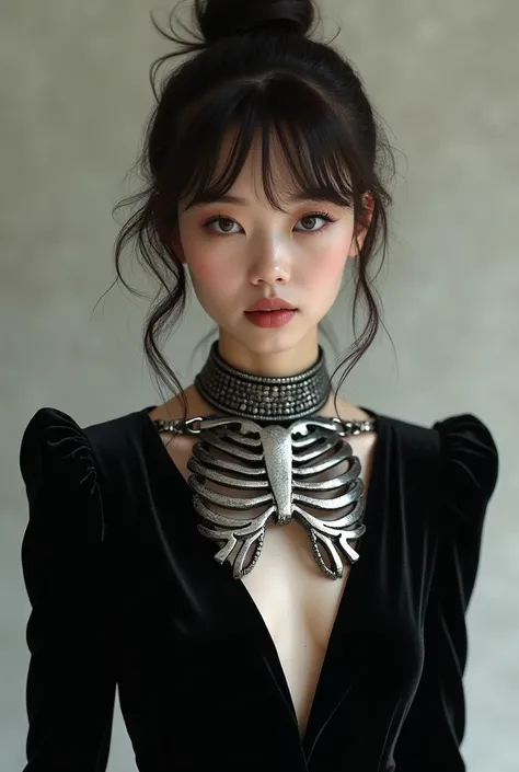 The model is wearing a very elegant velvet Dress , black, big silver ribcage  necklace on a Dress