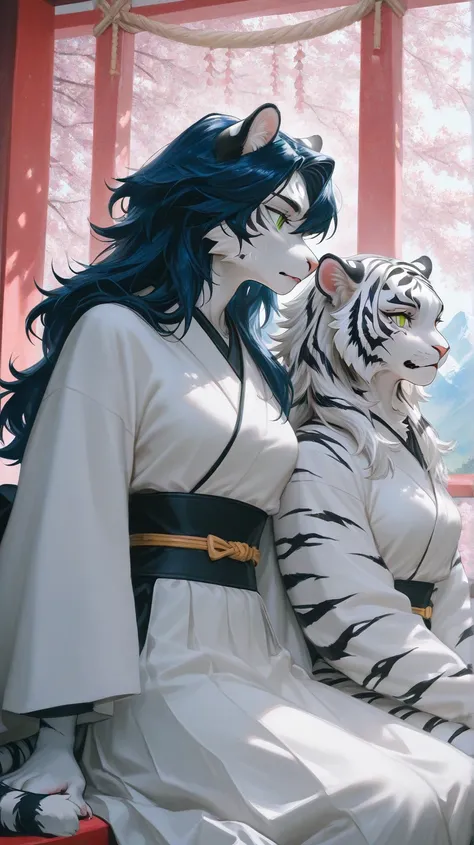 Mountain and rice fields, two female white furry female tiger, female green eyes, long dark blue hair,  black stripe and white fur, female has green eyes, white long hair, female with white stripes with black fur body, tiger snout, tiger snout, tiger furry...