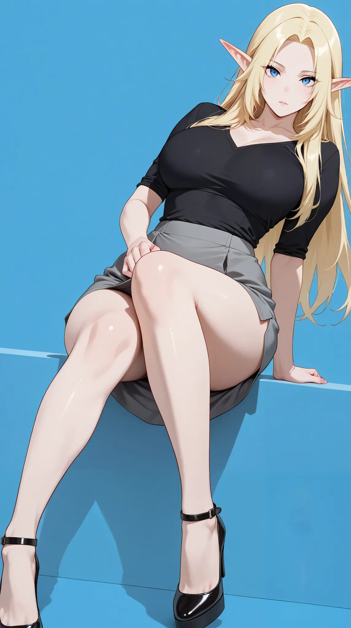 masterpiece,extremely detailed,perfect skin texture,4k,solo,1girl, alpha,blue eyes, blonde hair, pointy ears,((fullbody)),slim body, sexy legs,perfect body,large breasts,grey hot skirt,((black shirt)),soft light, high detailed, best quality, upper body, bl...