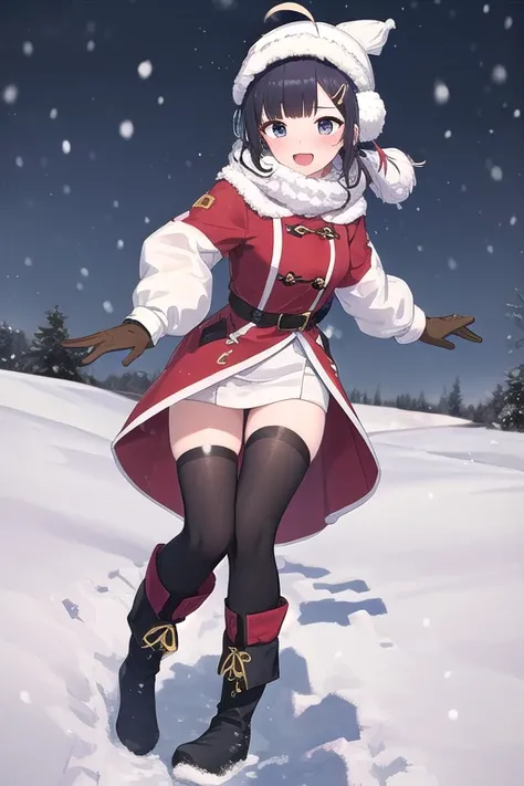 ((top quality)), ((masterpiece)), (Details),  1 girl。blunt bangs。Short Hair。Happy。 Braided Ponytail 。ahoge。Cute hair clip。 look so young。 small breasts。(moving composition)。 Snow Scenery 。 it's snowing。 comments。Boots。 gloves。 muffler。Earmuffs。barefoot。 Wo...