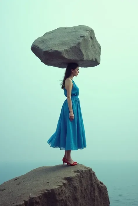 The picture shows a surreal scene of a woman wearing a blue dress and standing on the edge of a big rock .  The woman has another big rock on her shoulders. The picture is interesting because it combines realistic and imaginative elements in an unconventio...