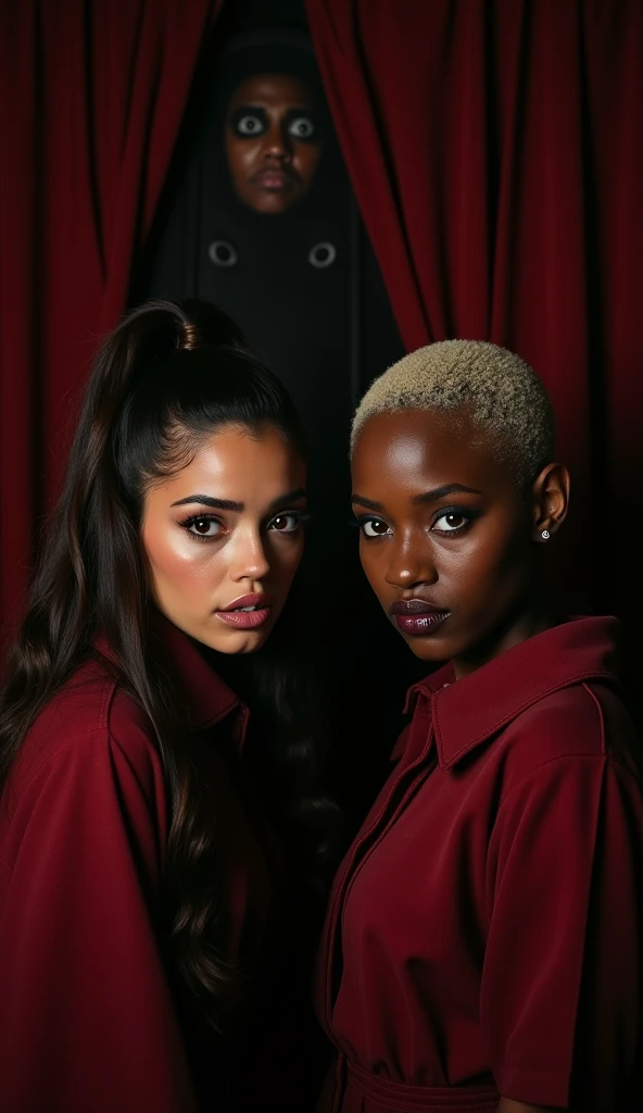 A dark and oppressive film set, draped in deep red cloths, with minimal lighting and thick shadows. The atmosphere is heavy and eerie, filled with a sense of extreme fear. Ariana Grande and Cynthia Erivo stand together at the center, visibly shaken and dis...