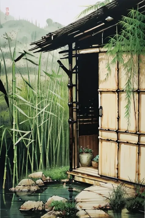  old style、bamboo、garden、fog、Hut、Pool