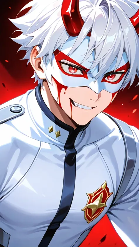 White Domino masked men anime, solo , male focus,white villian uniform,white mask,glove,villian,1boy,white hero mask, Secret organization, mysterious grin,face focus, little Blood stains on the face,white body suit,fang out,red horn,