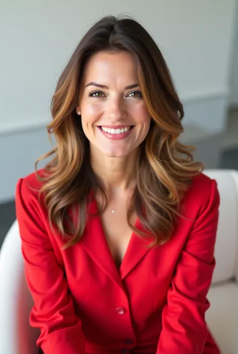   A photo of a woman with wavy light brown hair with brown highlights on the tips at shoulder level,  White ,  Brown eyes at 40 discreetly dressed in red , sentada em uma poltrona   White  ,   in a minimalist environment    