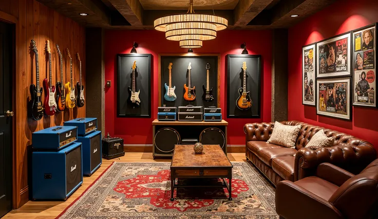 "A stylish and cozy music-themed room with a warm ambiance. The walls are painted deep red with wooden accents. The room features a collection of electric guitars and saxophones displayed on two illuminated black panels, showcasing different models, includ...