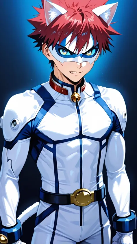 white hero masked men anime,solo, 1boy,white eye mask, white mask,1boy, fair skin,hush_middy, broad shoulders, gloves,uniform,white body suit,male focus,mysterious grin,fang out, bell, white leather suit, belt tail, blue eyes,blue sclera,white hero mask, w...