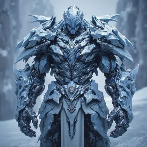 ice knight, fierce face, metal plates protruding from the body