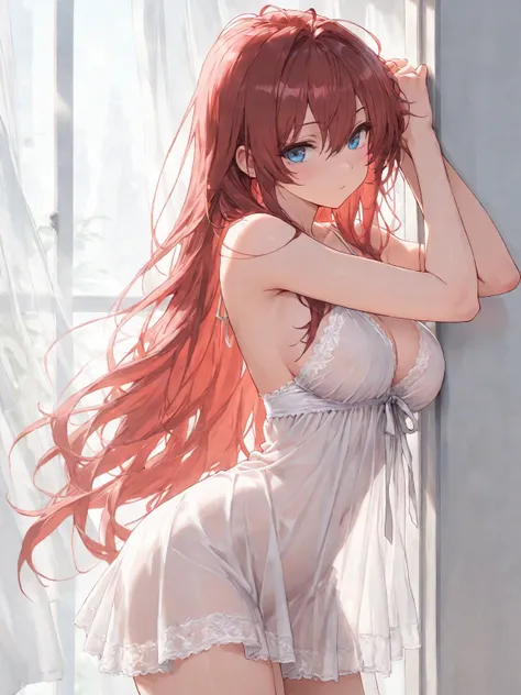 (masterpiece, best quality, ultra-detailed character, high resolution, 8k), 1girl, red hair, long hair, blue eyes, negligee,, perfect composition,